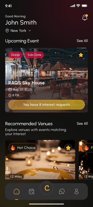 Comingle home screen showing upcoming events and recommended venues