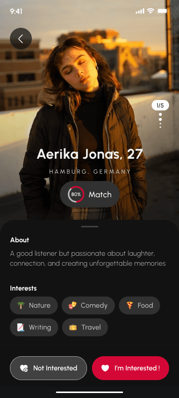 A Comingle member profile with match percentage and interests